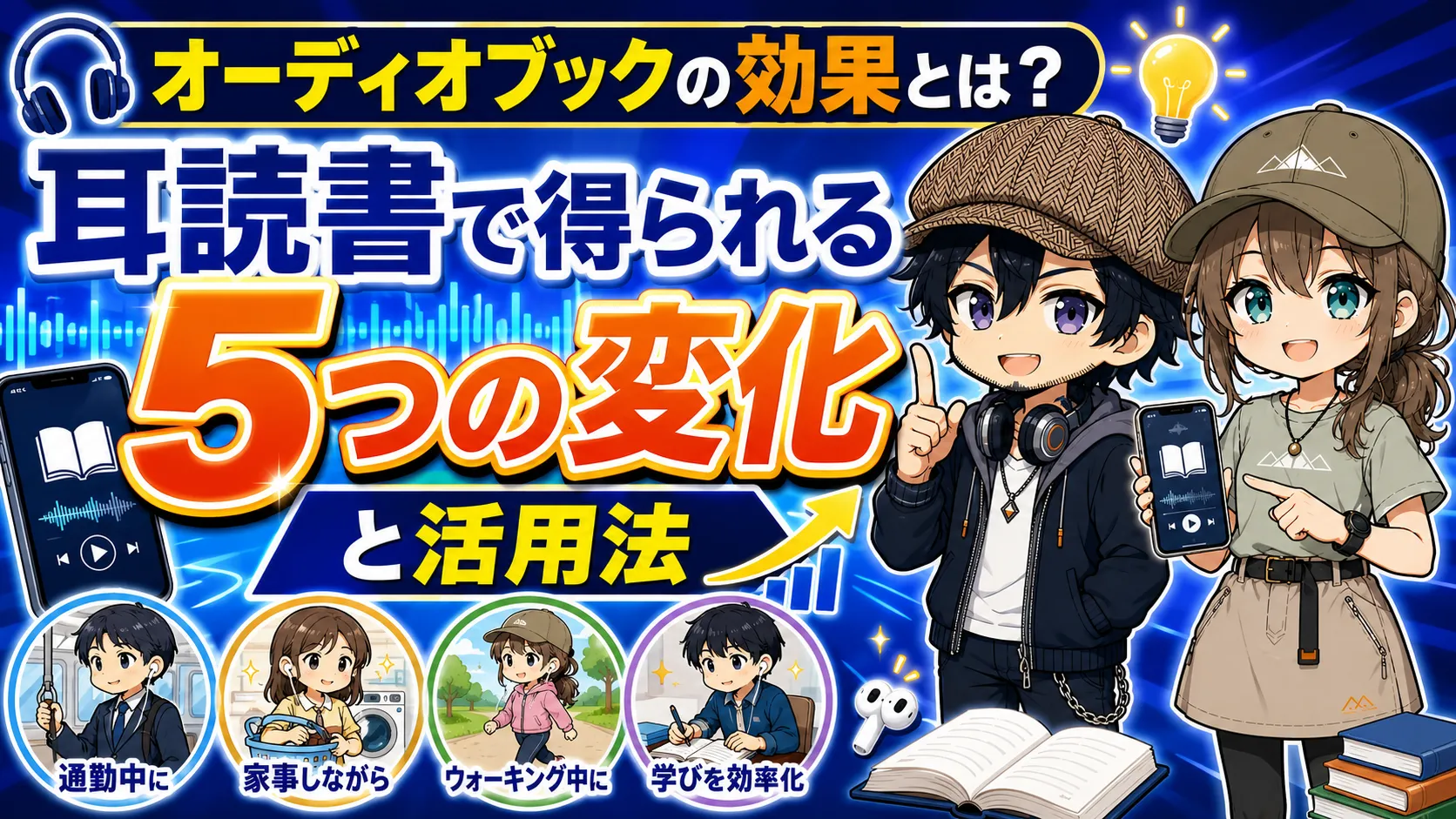 イヤホンでオーディオブックを聴きながら耳読書をしている人