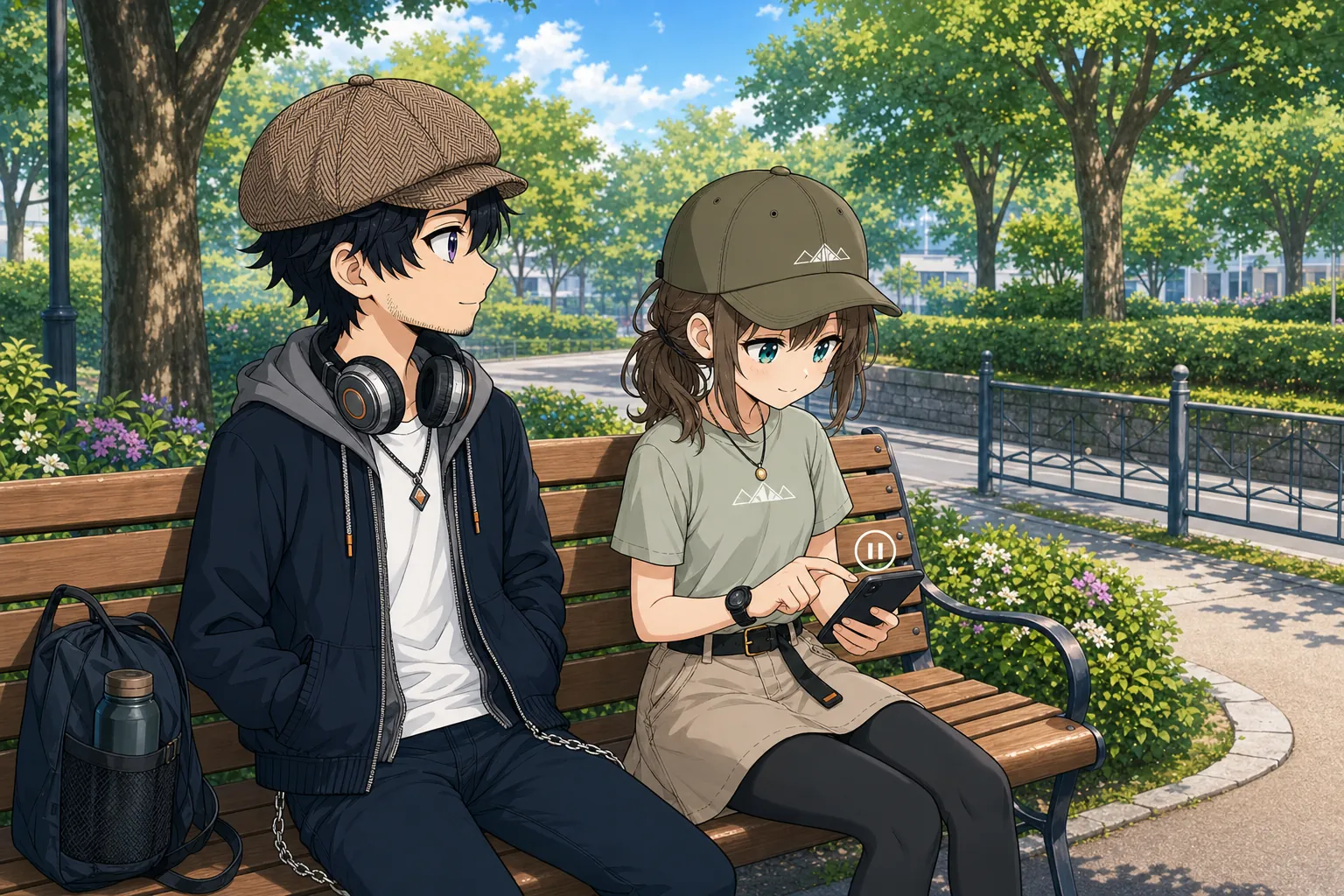 公園のベンチで停止して再生操作を行うドクとみこと