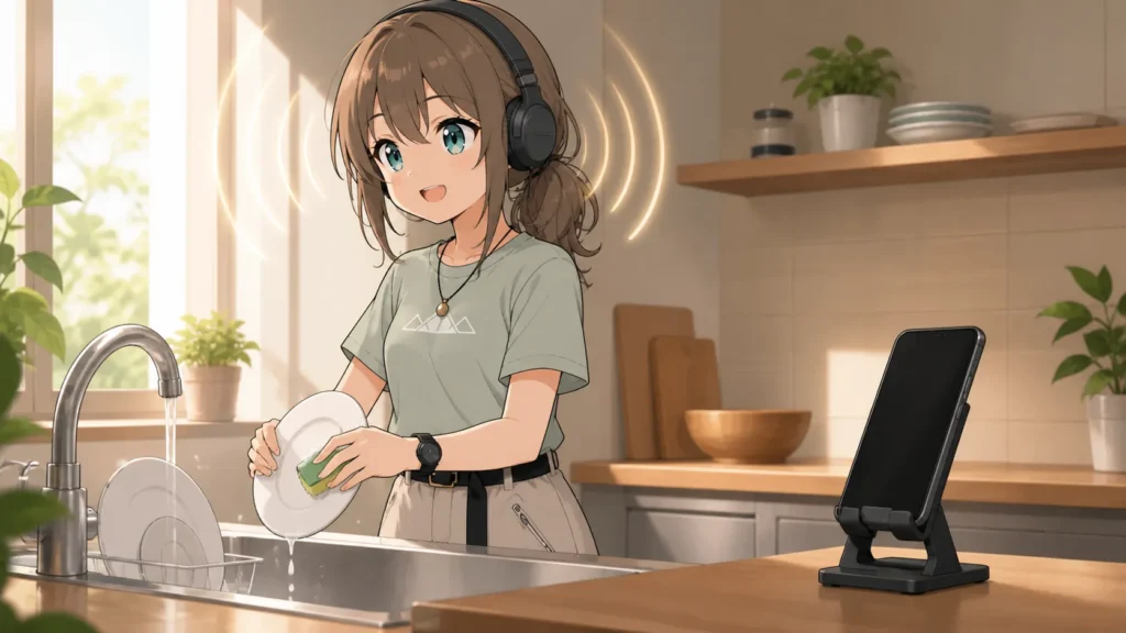 朝の皿洗いをしながらヘッドホンで本を聴くミコト