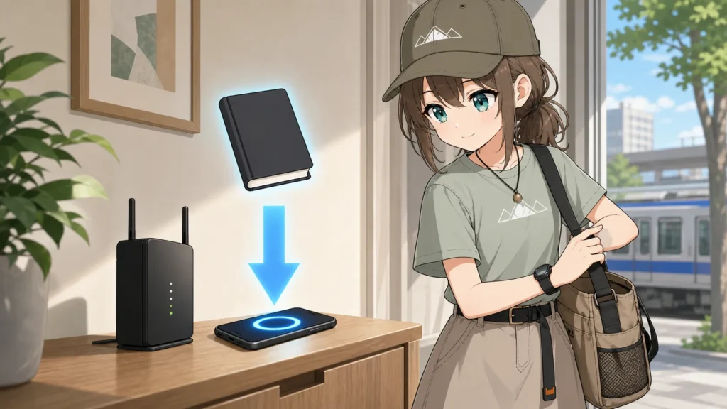 外出前に自宅の通信環境で本をスマートフォンへダウンロードするミコト