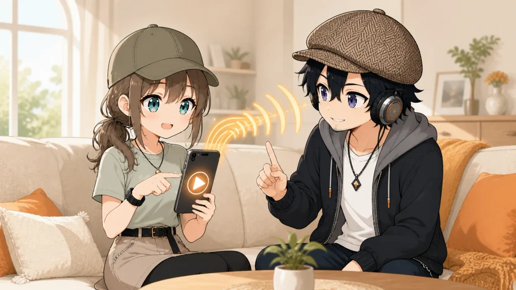スマートフォンの再生ボタンを押して聴き始めるミコトと案内するドク