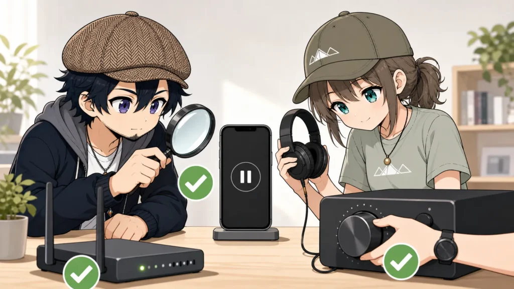 再生できないスマートフォンの通信・音量・ヘッドホン接続を確認するドクとミコト
