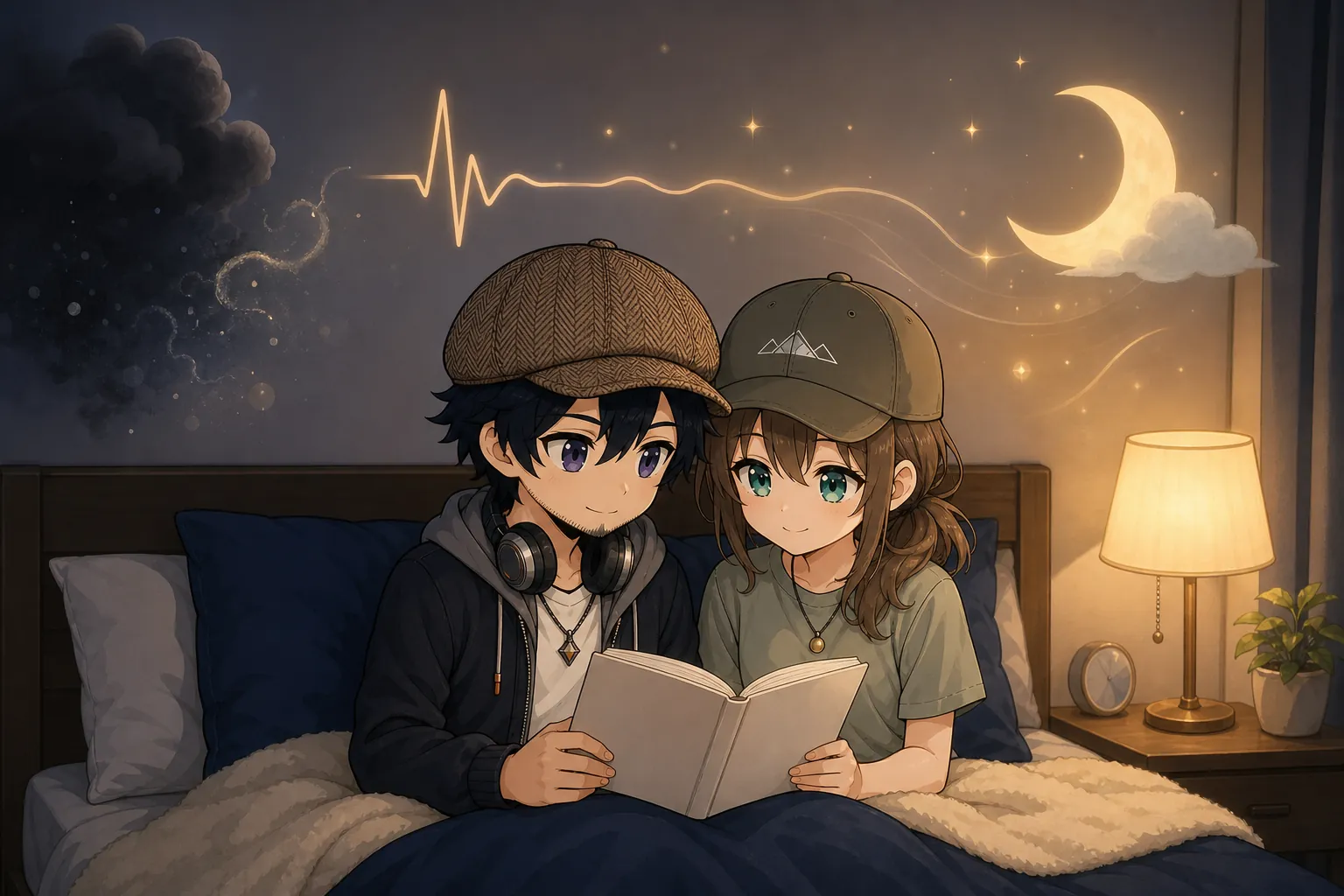 寝る前の読書で心を落ち着けるドクとミコト
