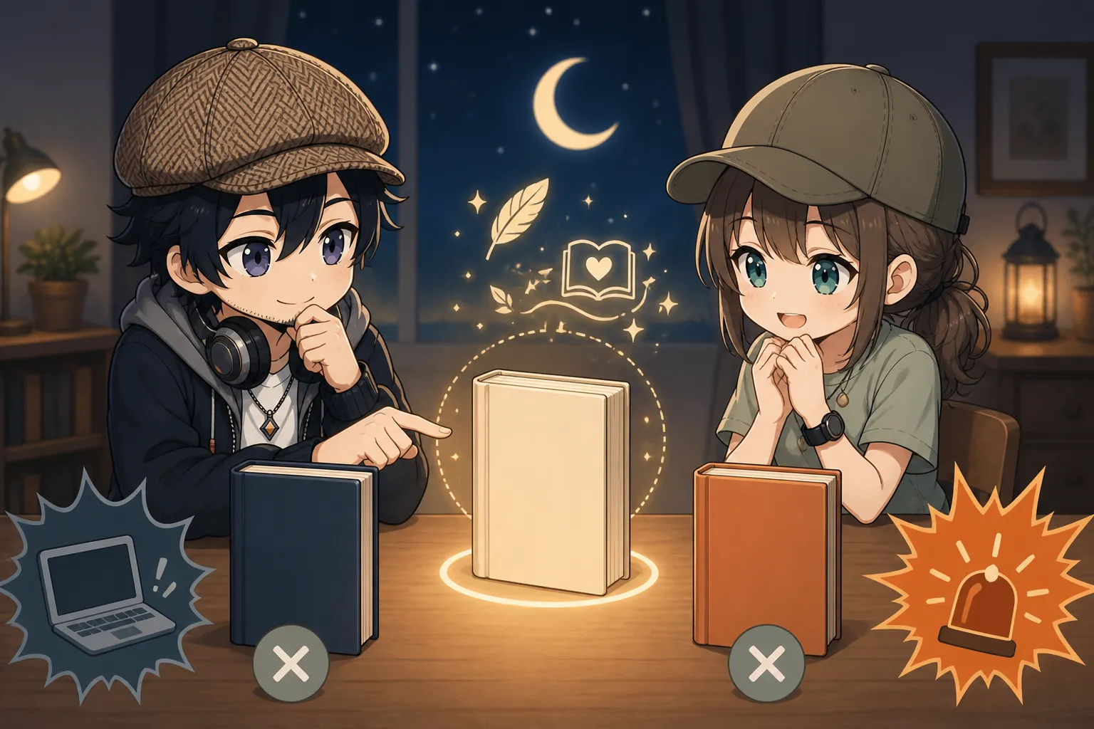 寝る前に読む穏やかな本を選ぶドクとミコト