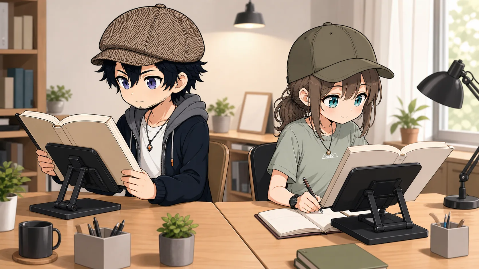 書見台で姿勢を整えて両手を使い読書と勉強をするドクとミコト