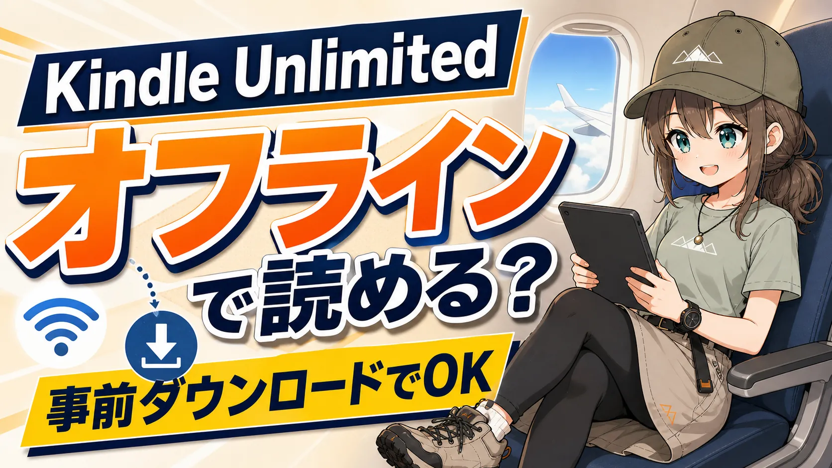 飛行機内でタブレットを使いKindle Unlimitedの本をオフラインで読むミコト
