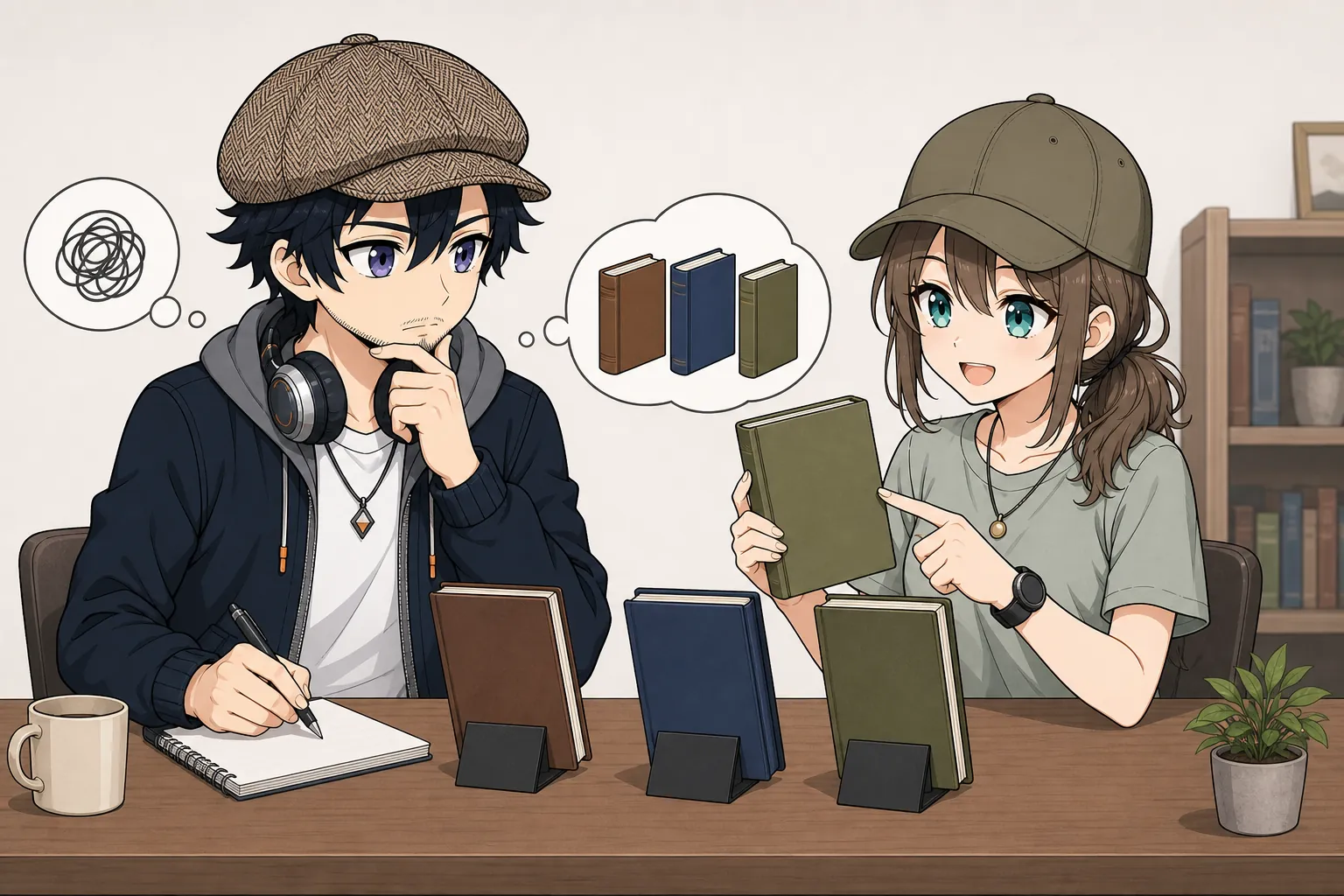 仕事の悩みから本を選ぶドクとミコト