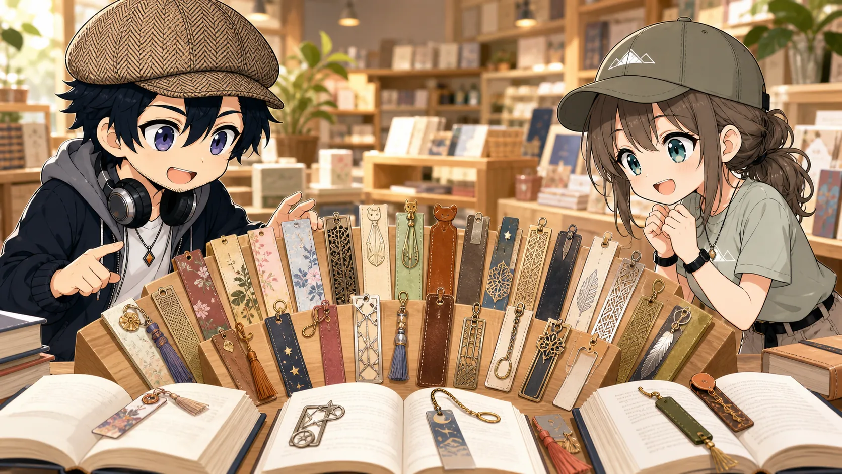 さまざまな素材とデザインのしおりを選ぶドクとミコト