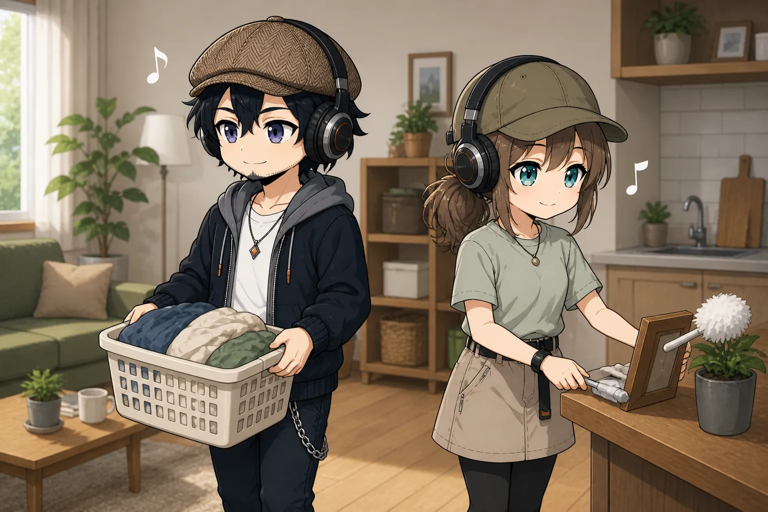 イヤホンで耳読書を楽しむドクとミコト