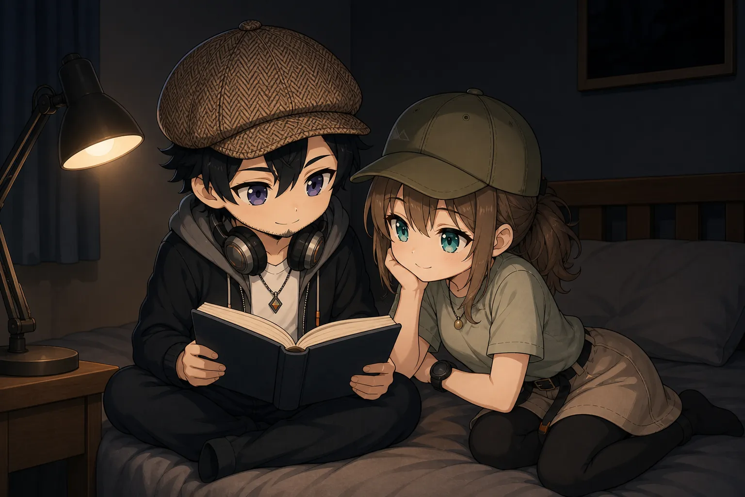 読書灯で本を読むドクとミコト