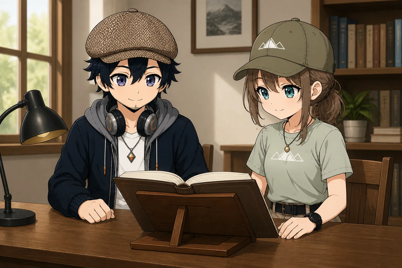 ブックスタンドで本を読むドクとミコト