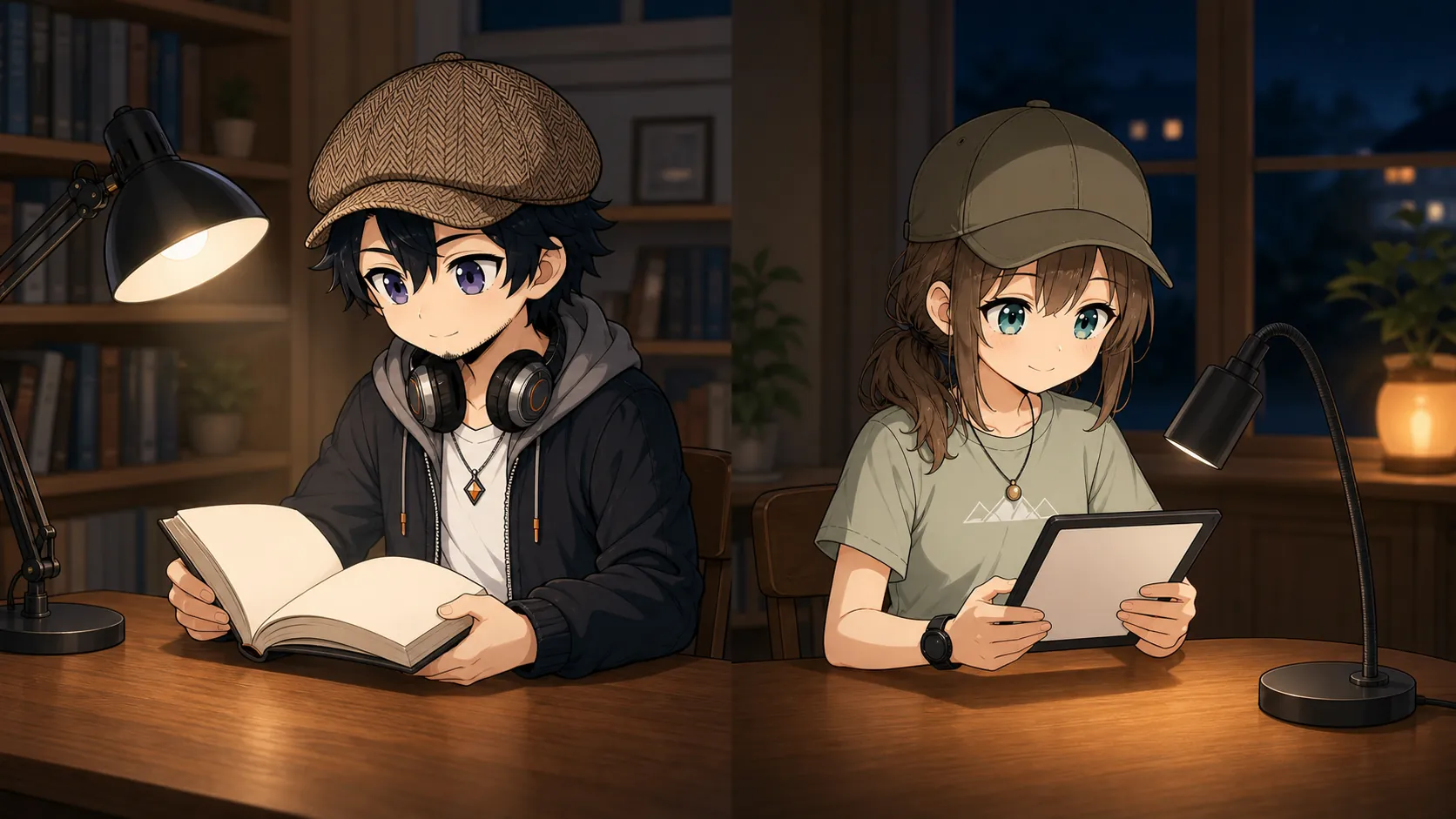 紙の本と電子書籍に反射や影が出ないよう光を当てるドクとミコト
