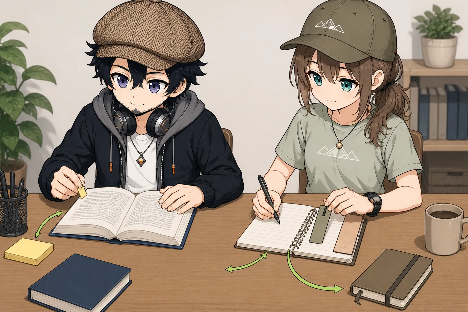 本を読み読書ノートへ記録するドクとミコト