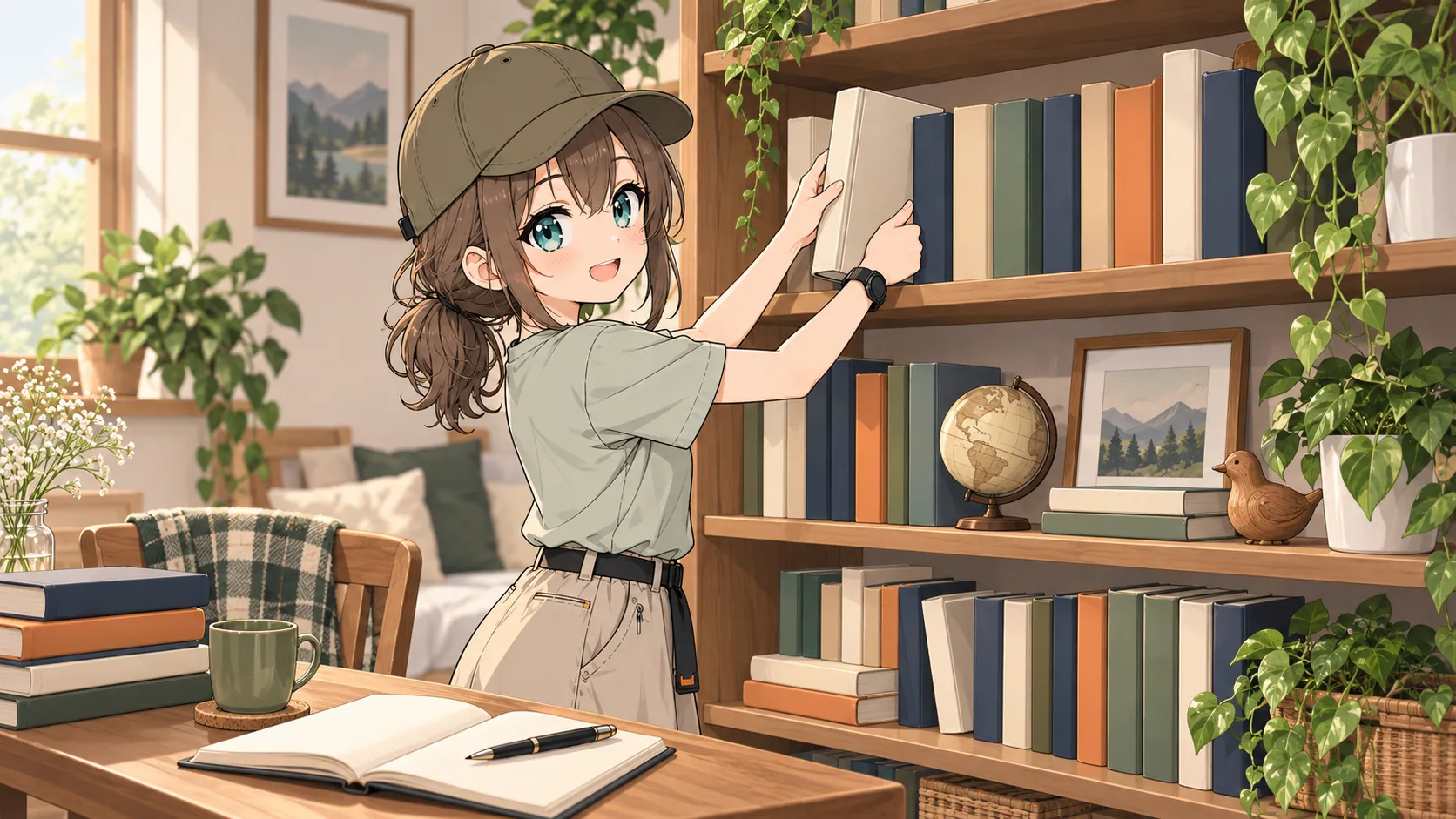 本棚へ本とレビューを整理するミコト