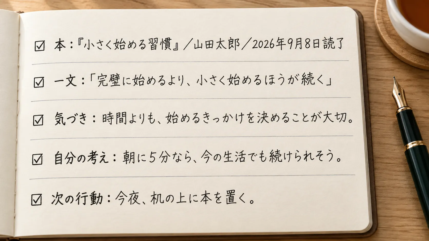 読書ノートに本の情報、一文、気づき、自分の考え、次の行動を書いた手書きの完成例