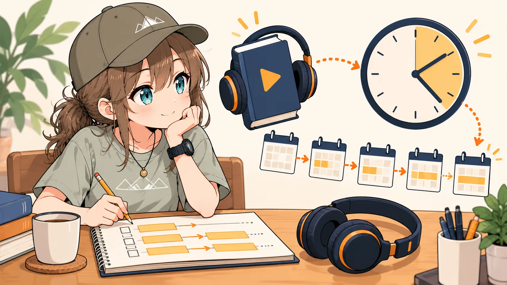 時計とカレンダーで一冊の聴了時間を計画するミコト