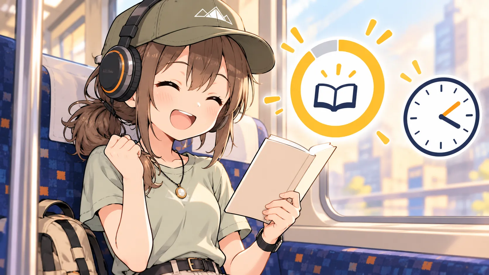 通勤中に短い本を聴き終えて喜ぶミコト
